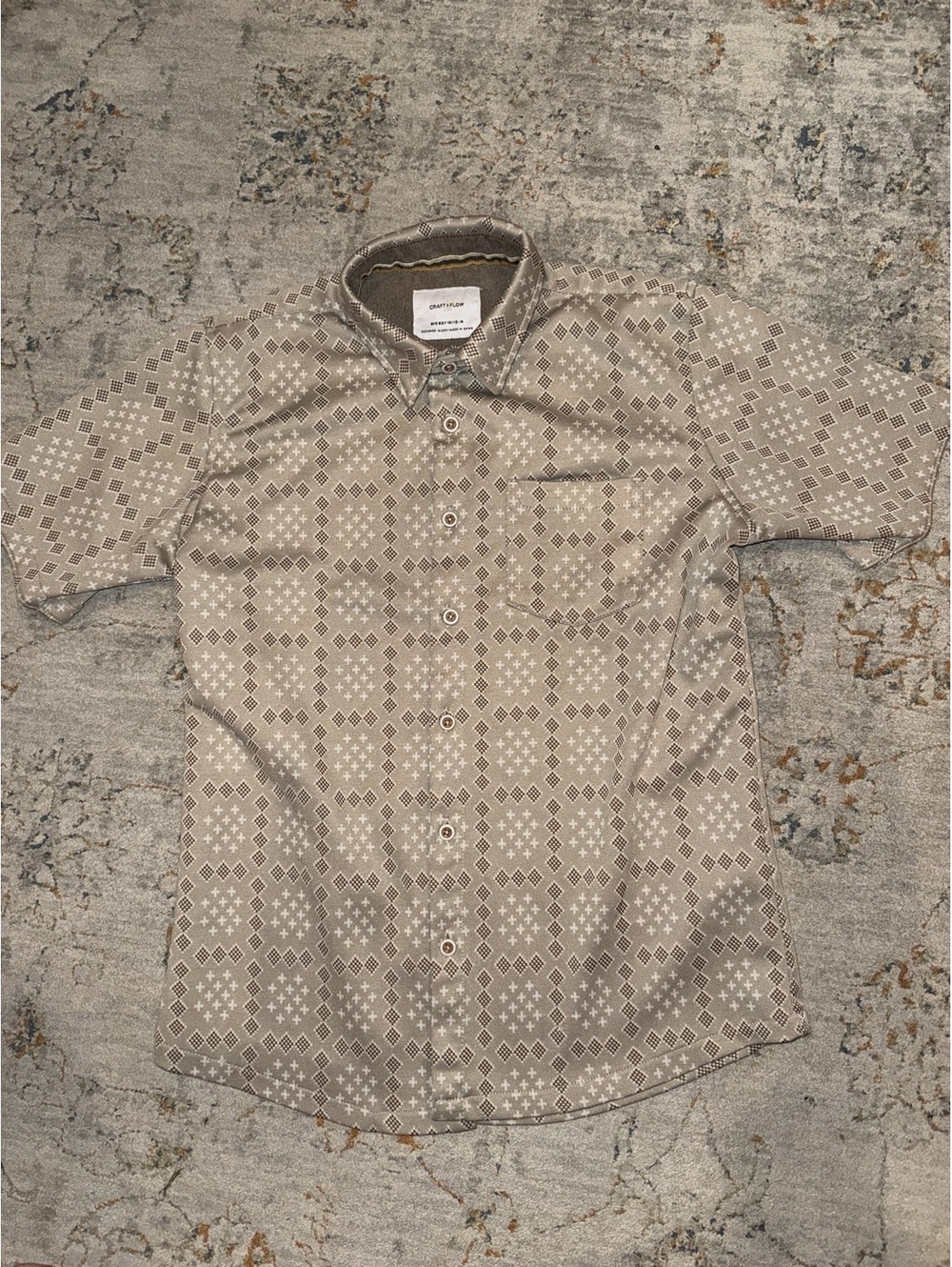 Craft + Flow Boys 10/12 M Tan Brown Geometric Short Sleeve Button Up